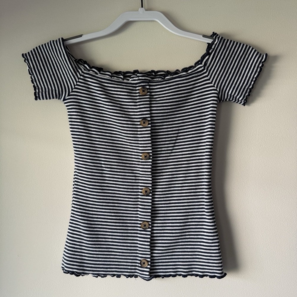 Aeropostale Seriously Soft Striped Ribbed Off Shoulder Top Button Front S